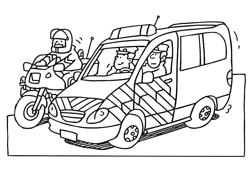 На раскраске изображено: Полиция, Полицейская машина, Транспорт, Безопасность, Служба, Для детей