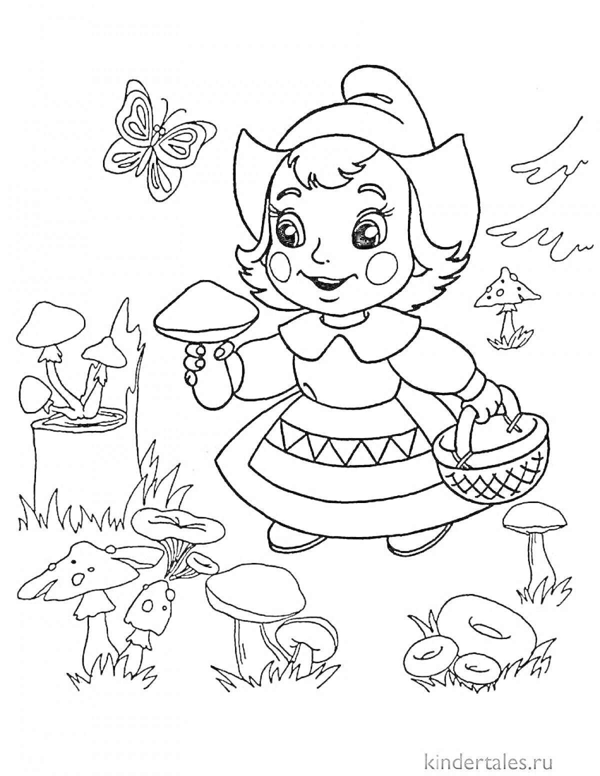 Раскраска Девочка с корзинкой, собирающая грибы, бабочка, деревья, трава