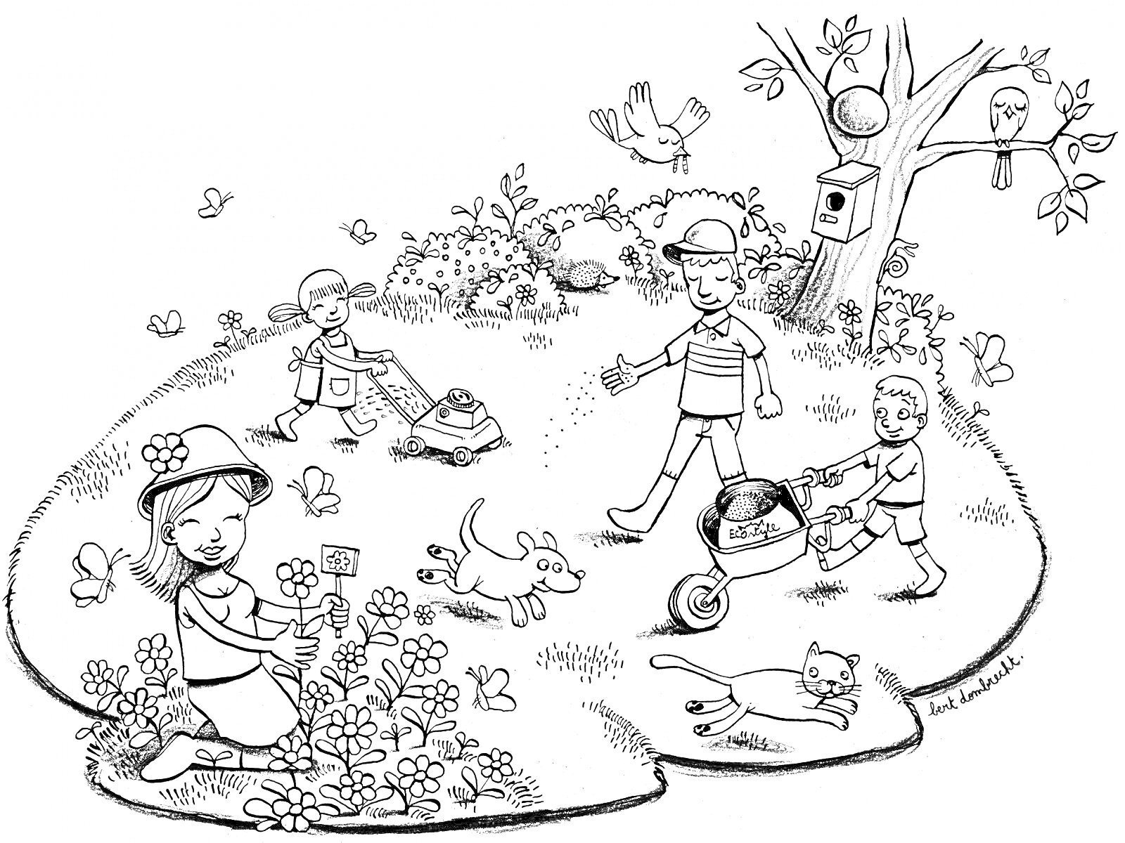 Раскраска Садовая сцена с детьми, взрослыми, животными и растениями