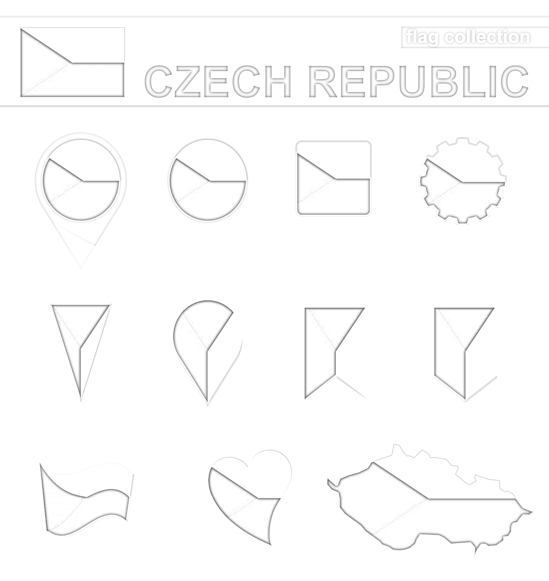 Раскраска Флаг Чехии в различных форматах: флаг, геометка, круглый значок, квадратный значок, зубчатое колесо, стрелка вверх, капля, стрелка вниз, треугольник вправо, волнообразный флаг, сердце, карта Чехии с флагом.