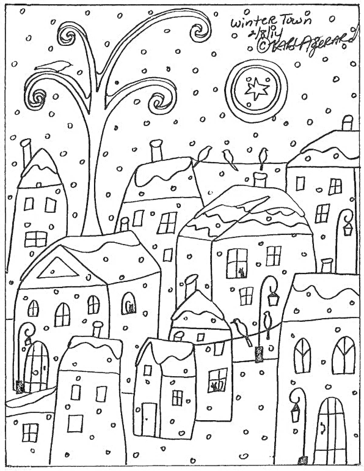 На раскраске изображено: Зимний город, Снежинки, Уличные фонари, Зима, Снегопад