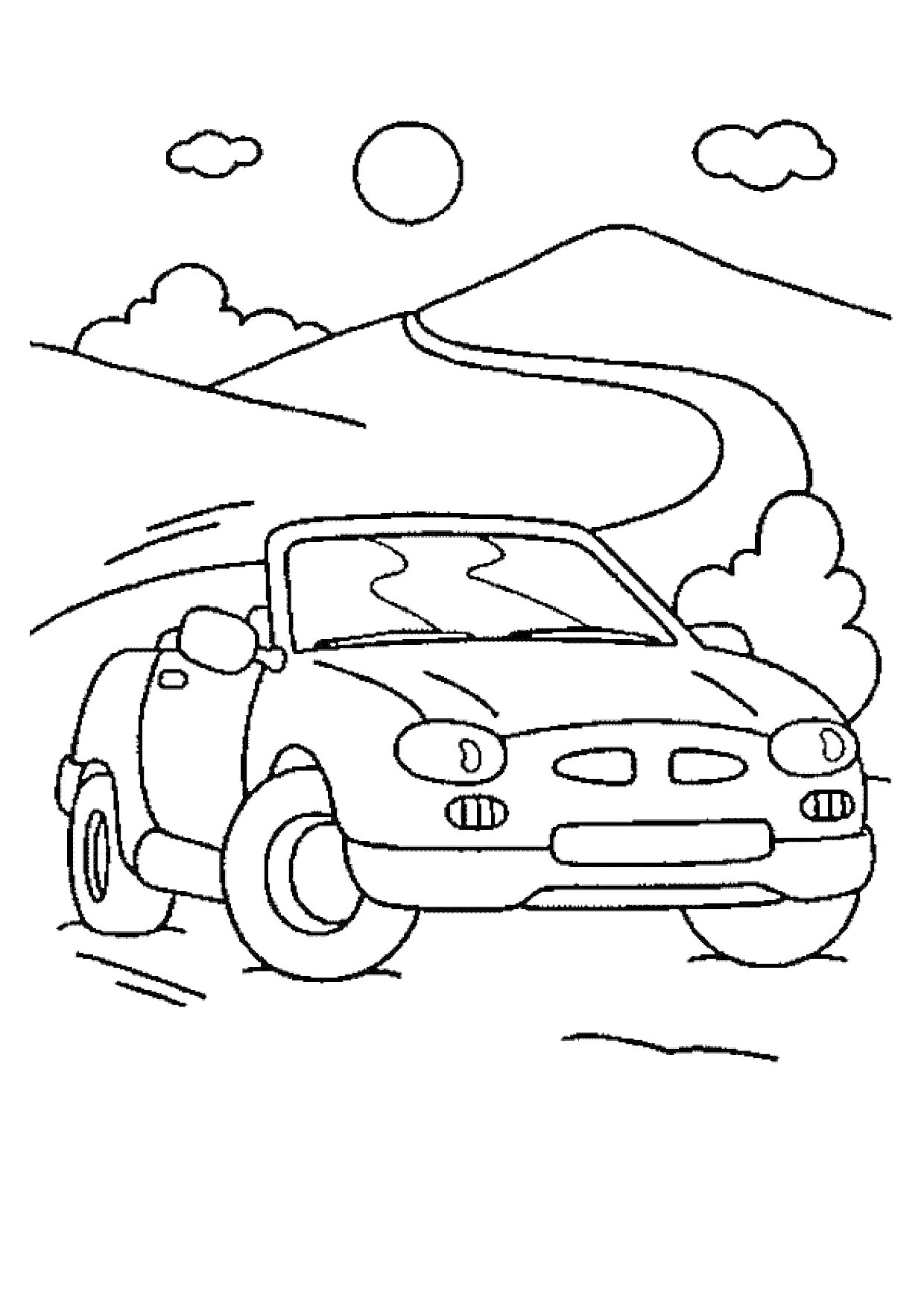 Раскраска Машина на дороге с гористым пейзажем, солнцем и облаками