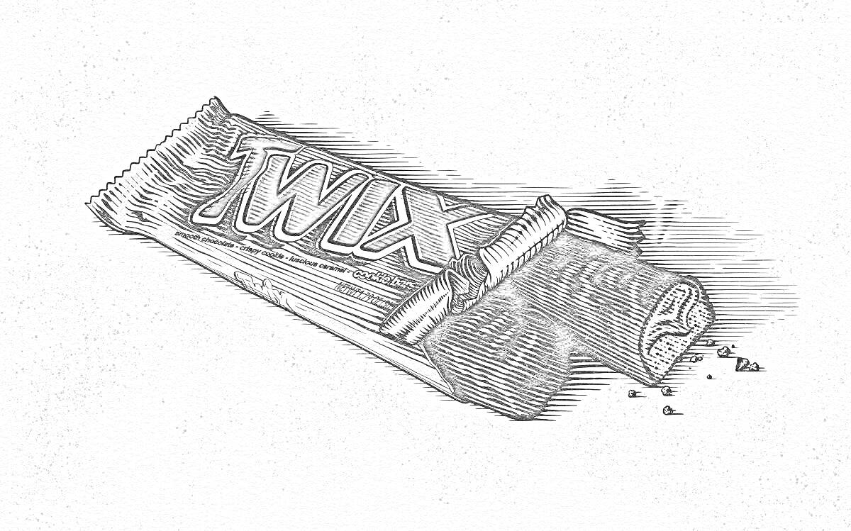 Раскраска Упаковка Twix с двумя батончиками, один из которых надломлен и покрыт крошками