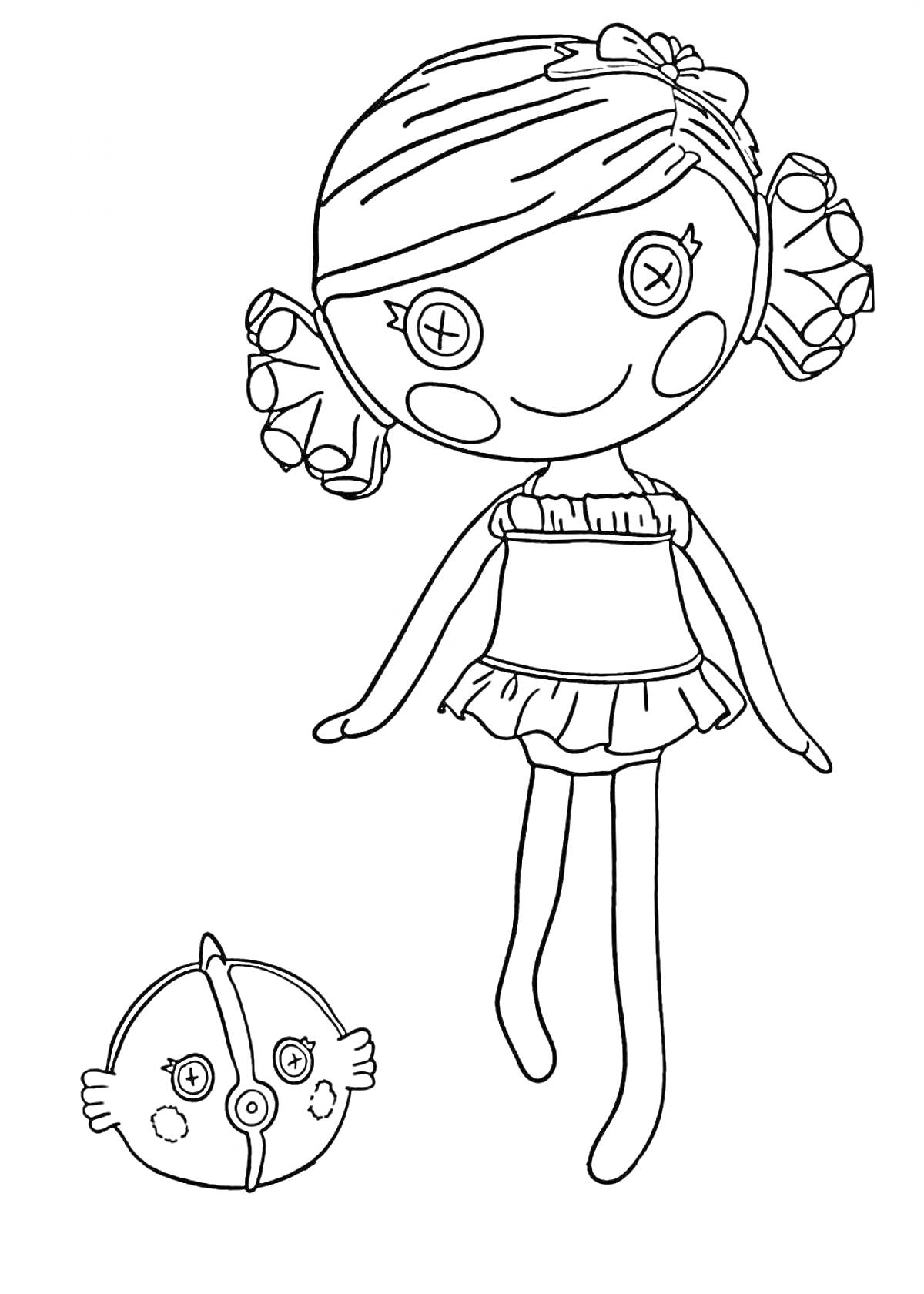 Раскраска Кукла Лалалупси с пуговичными глазами и бантиком на голове, с воздушным шариком
