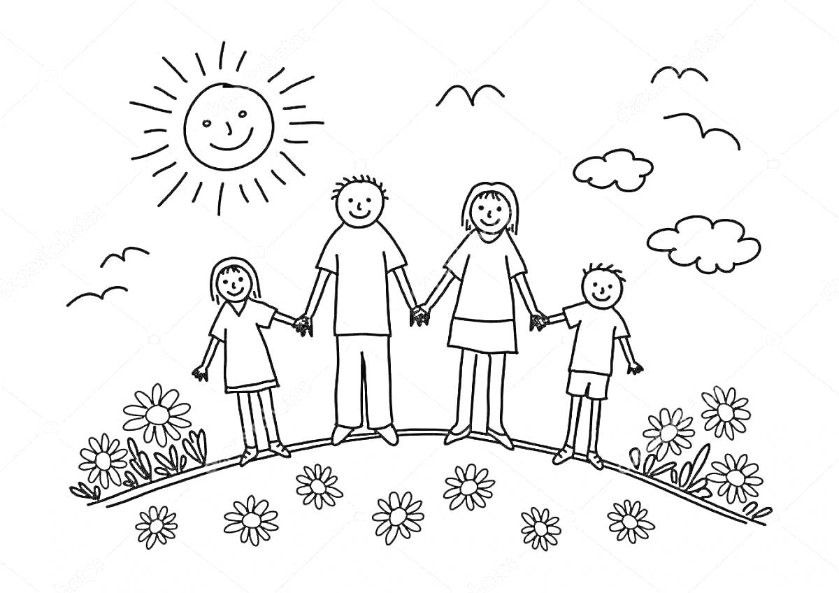 Раскраска Семья из четырех человек на лугу под солнцем с цветами и облаками на фоне