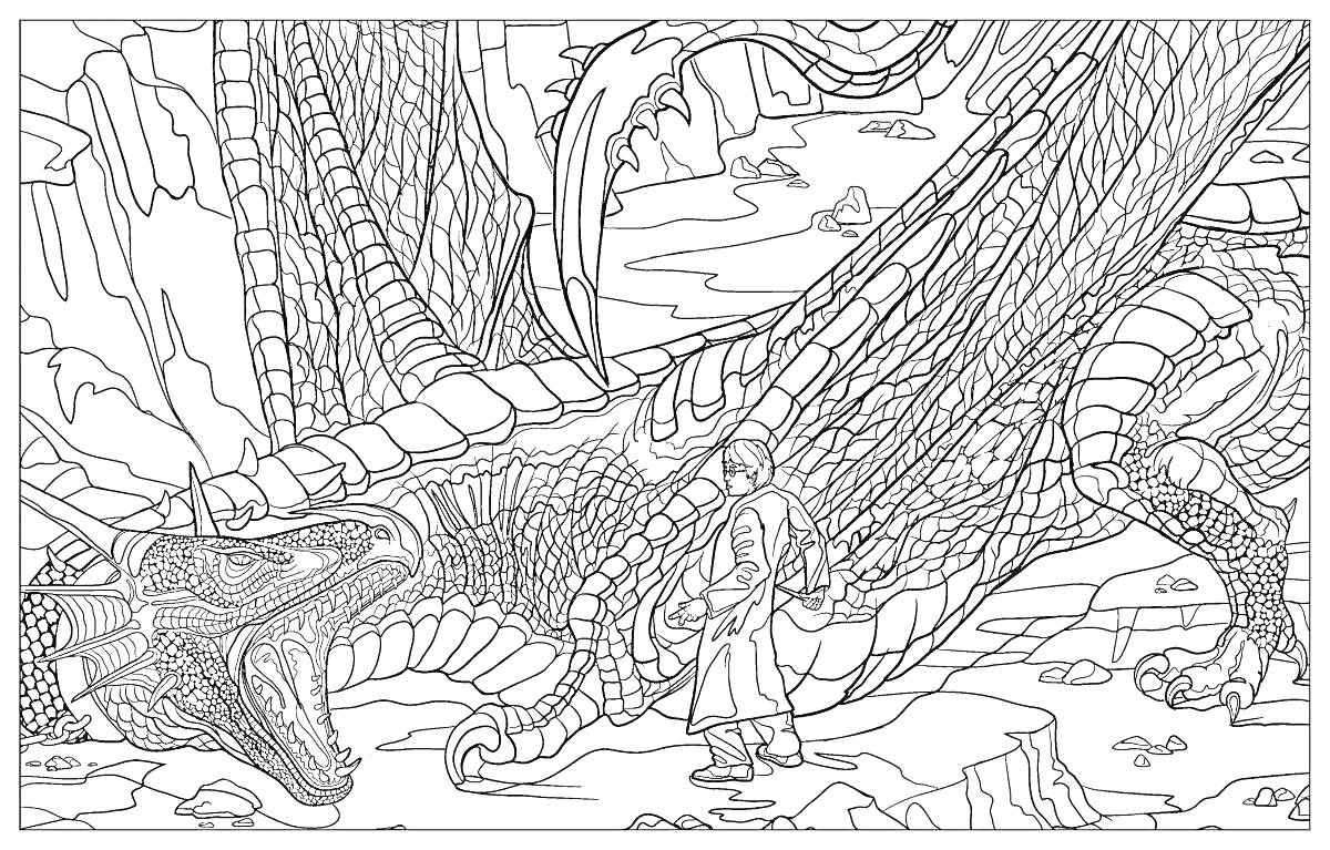 На раскраске изображено: Дракон, Горы, Скалы, Фэнтези, Встреча