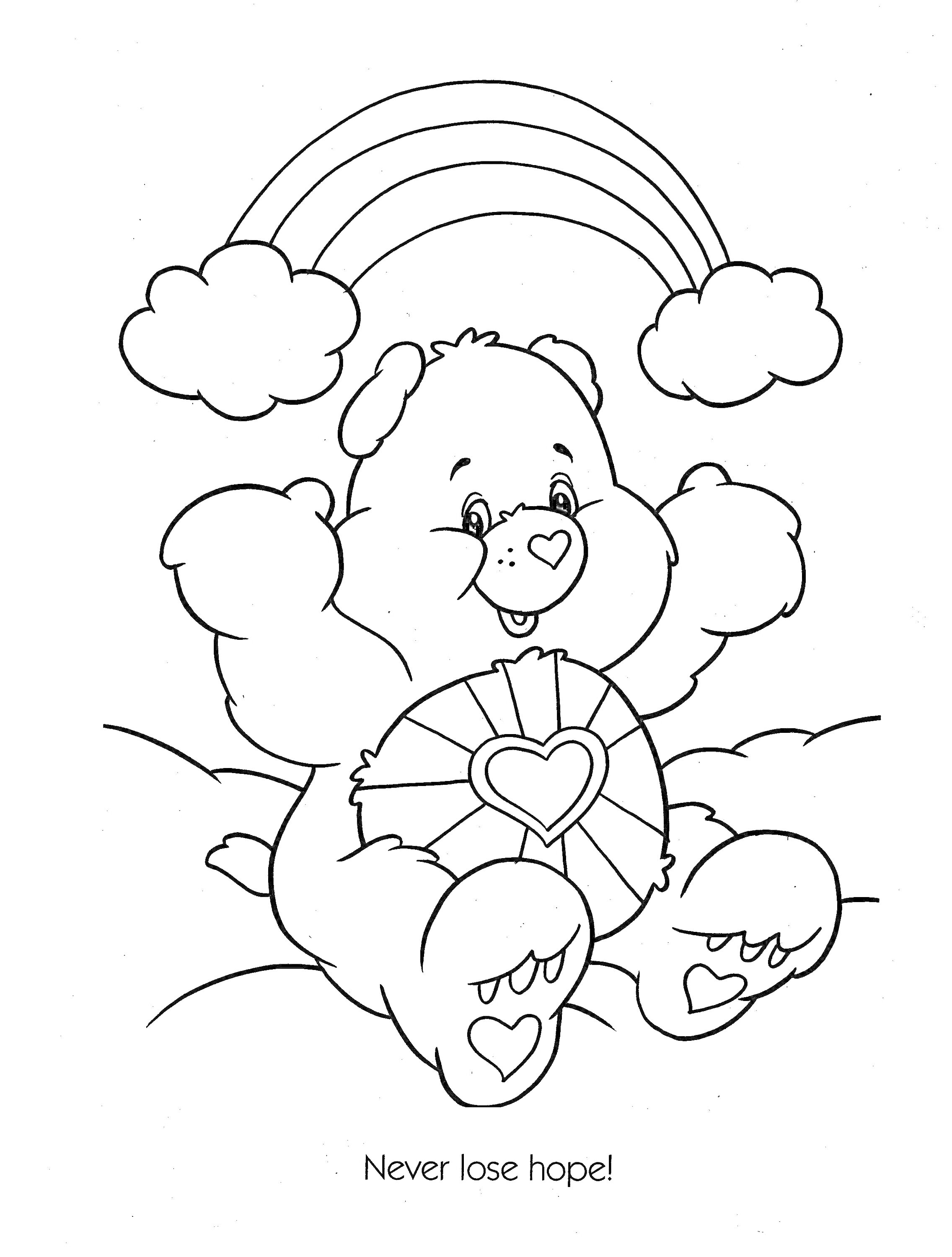 Раскраска Мишка с сердечком и радугой над облаками