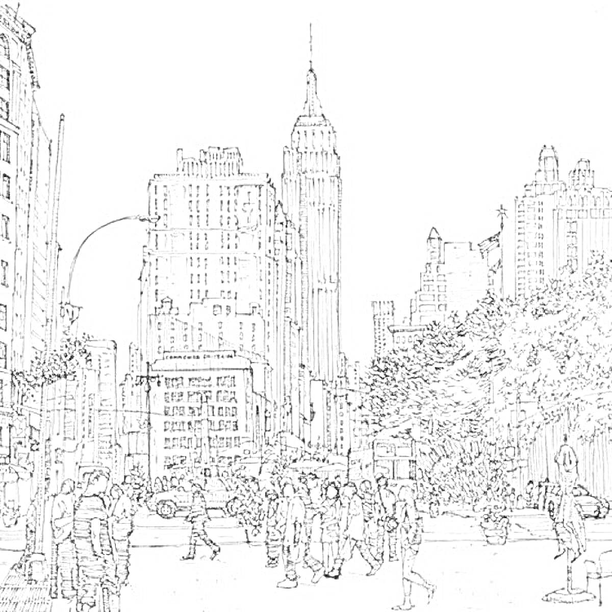 На раскраске изображено: Нью-Йорк, Небоскребы, Пешеходы, Деревья, Городская сцена, Архитектура, Мегаполис