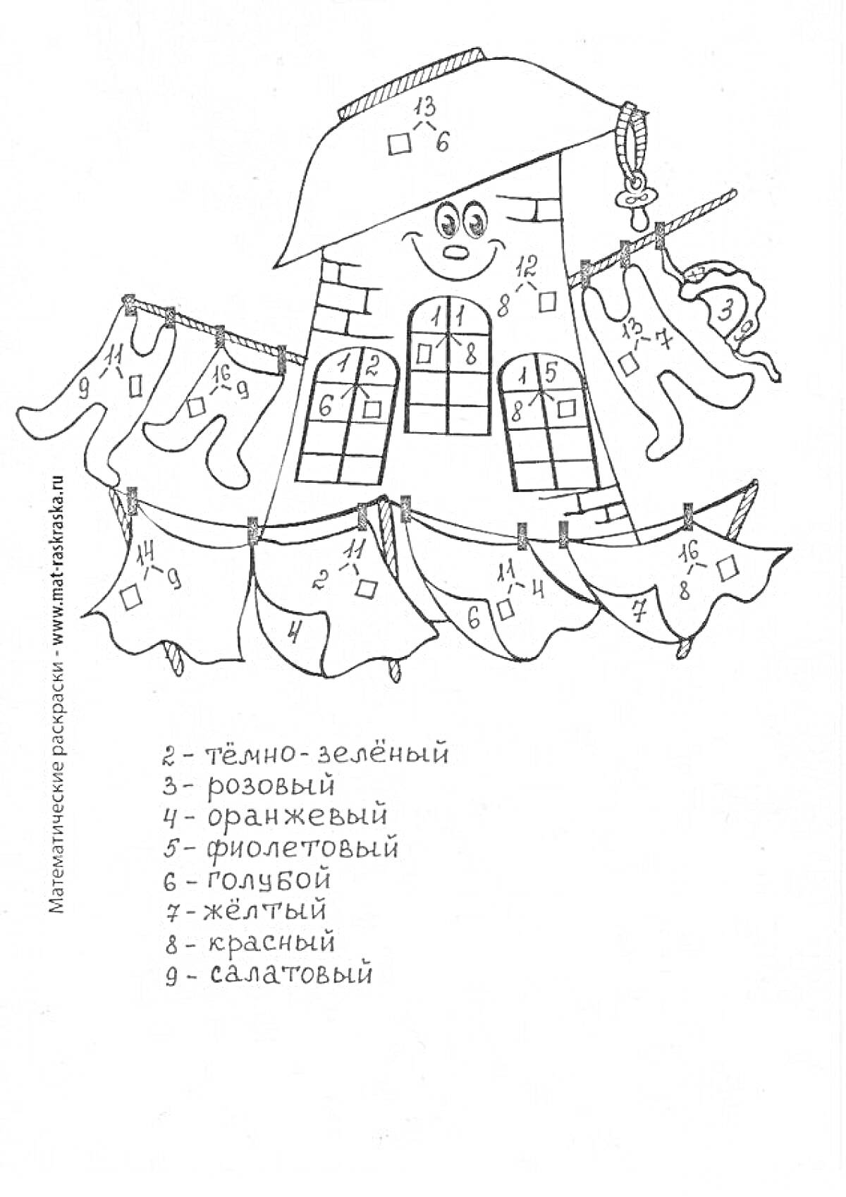 На раскраске изображено: Дом, Бельевая веревка, Одежда, Математика, 1 класс