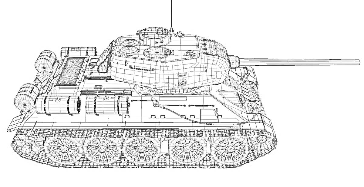 На раскраске изображено: Танк, Т-34-85, Военная техника, Боевые машины, Гусеницы, Дуло