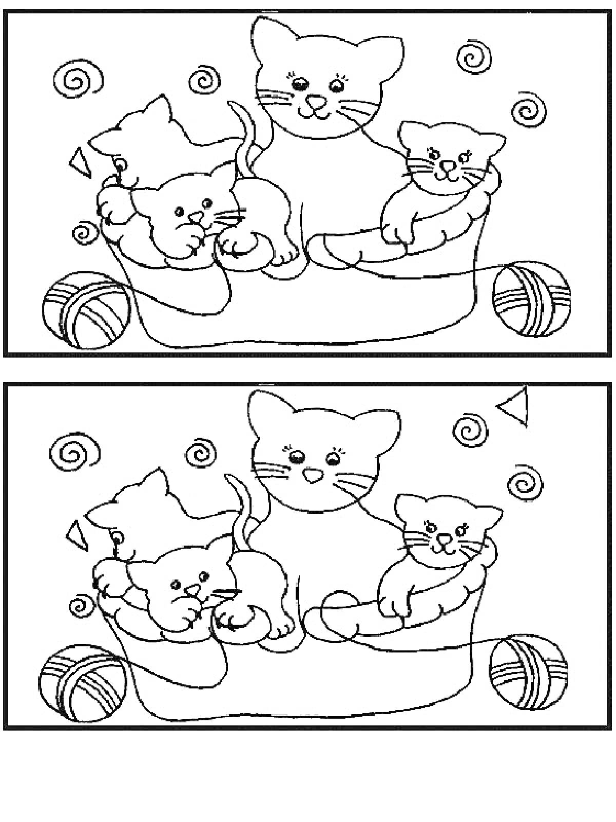 Раскраска Семья кошек в люльке с клубками и завитками - найдите отличия