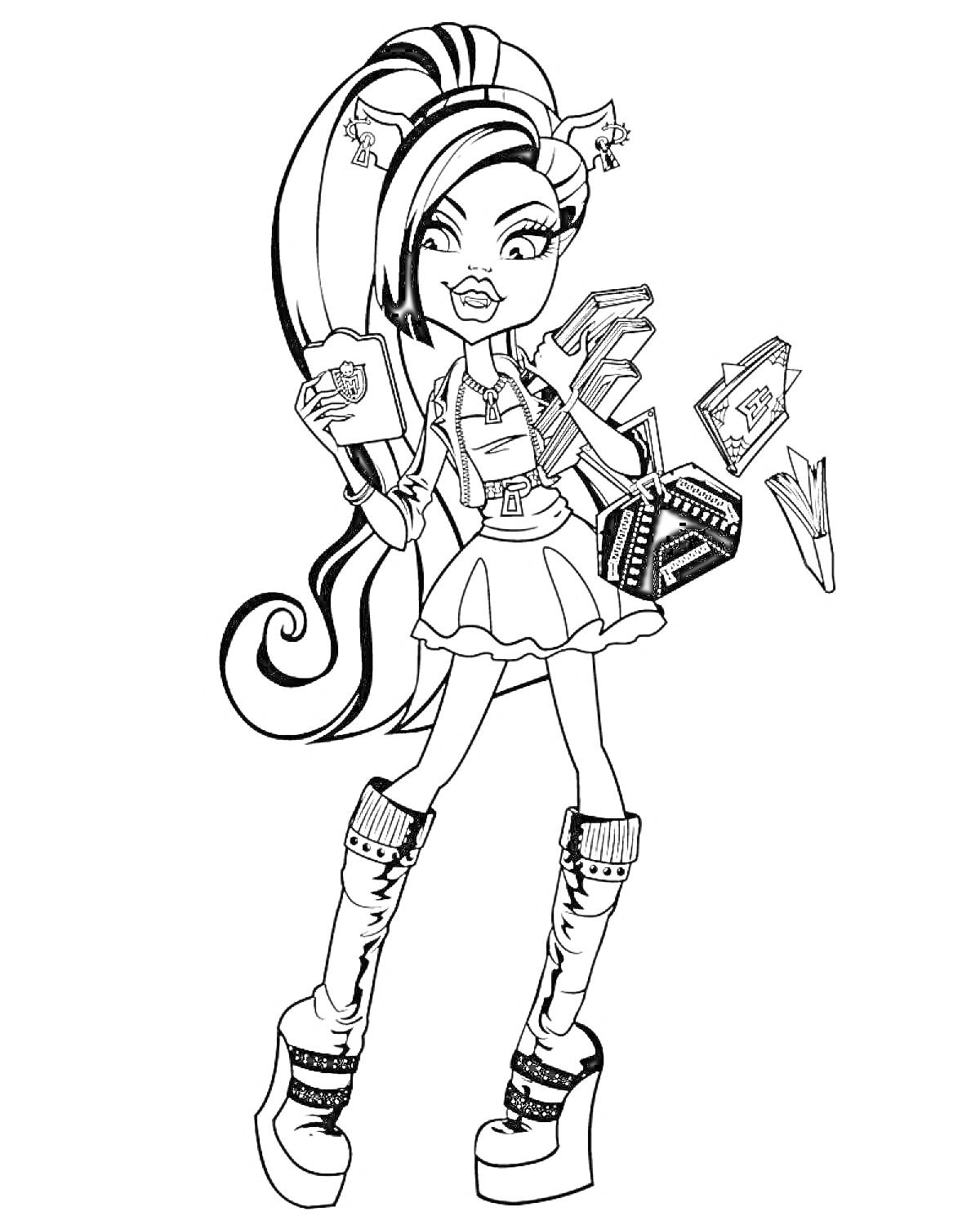 Раскраска Девушка Монстр Хай с длинными волосами, ушками, пакетиками и коробкой в руках