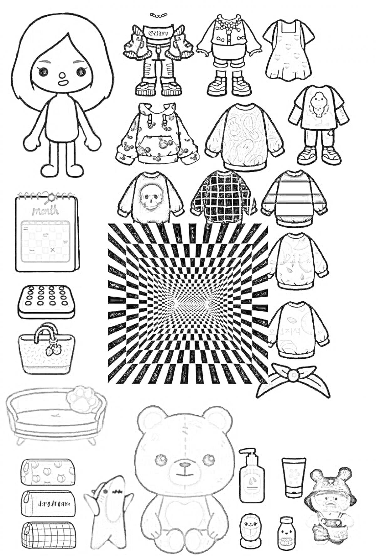 Раскраска Персонажи и предметы для бумажного домика Toca Boca