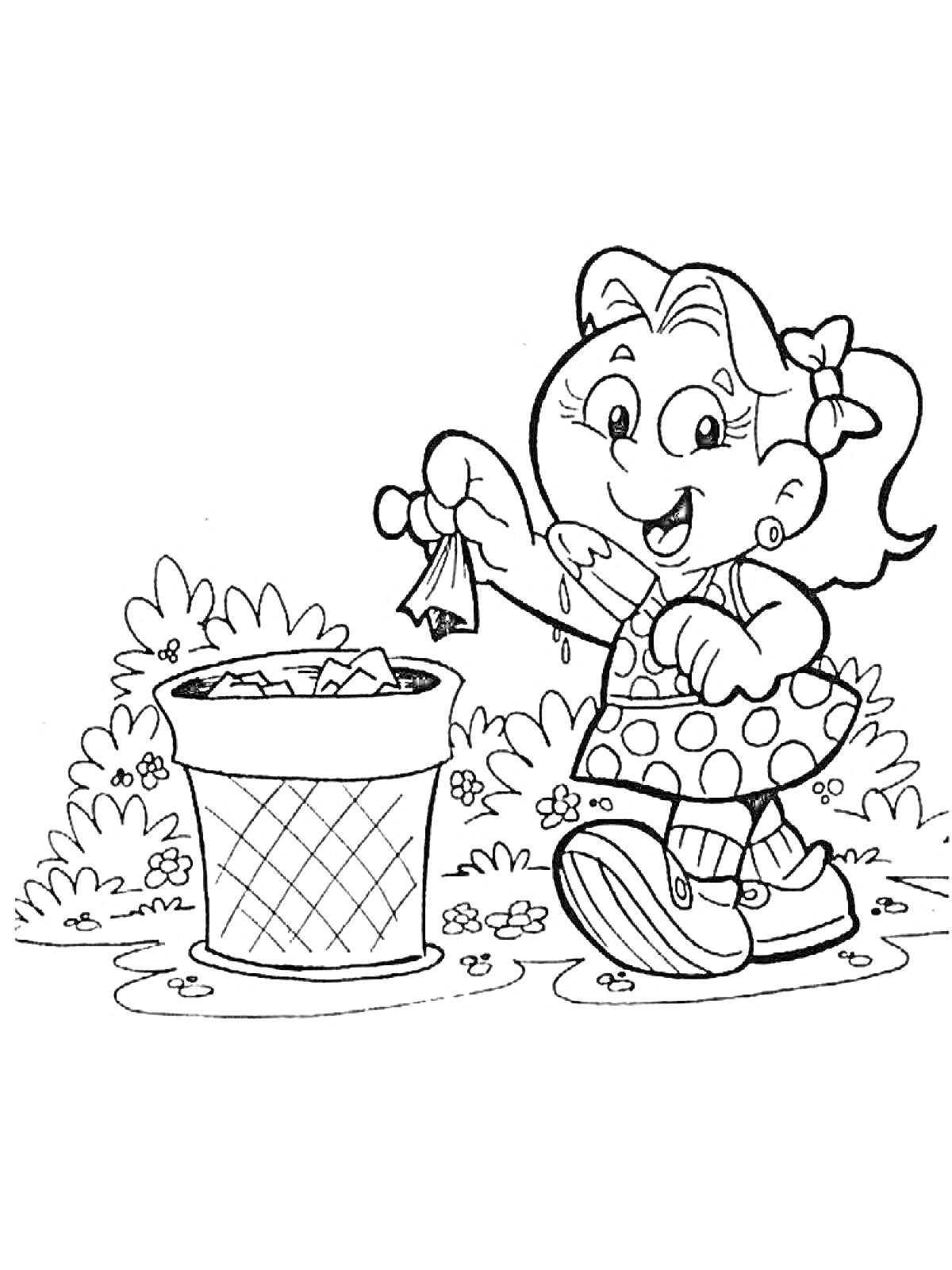 Девочка кладет мусор в урну на фоне кустов
