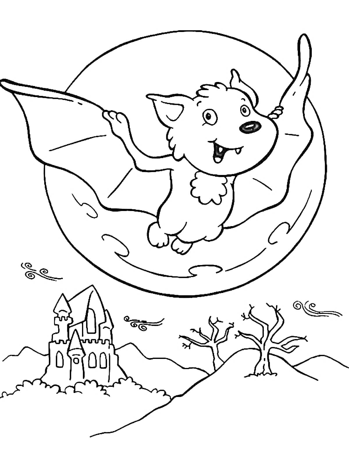 Раскраска Летучая мышь вампир на фоне полной луны и привидений с замком и деревьями на земле