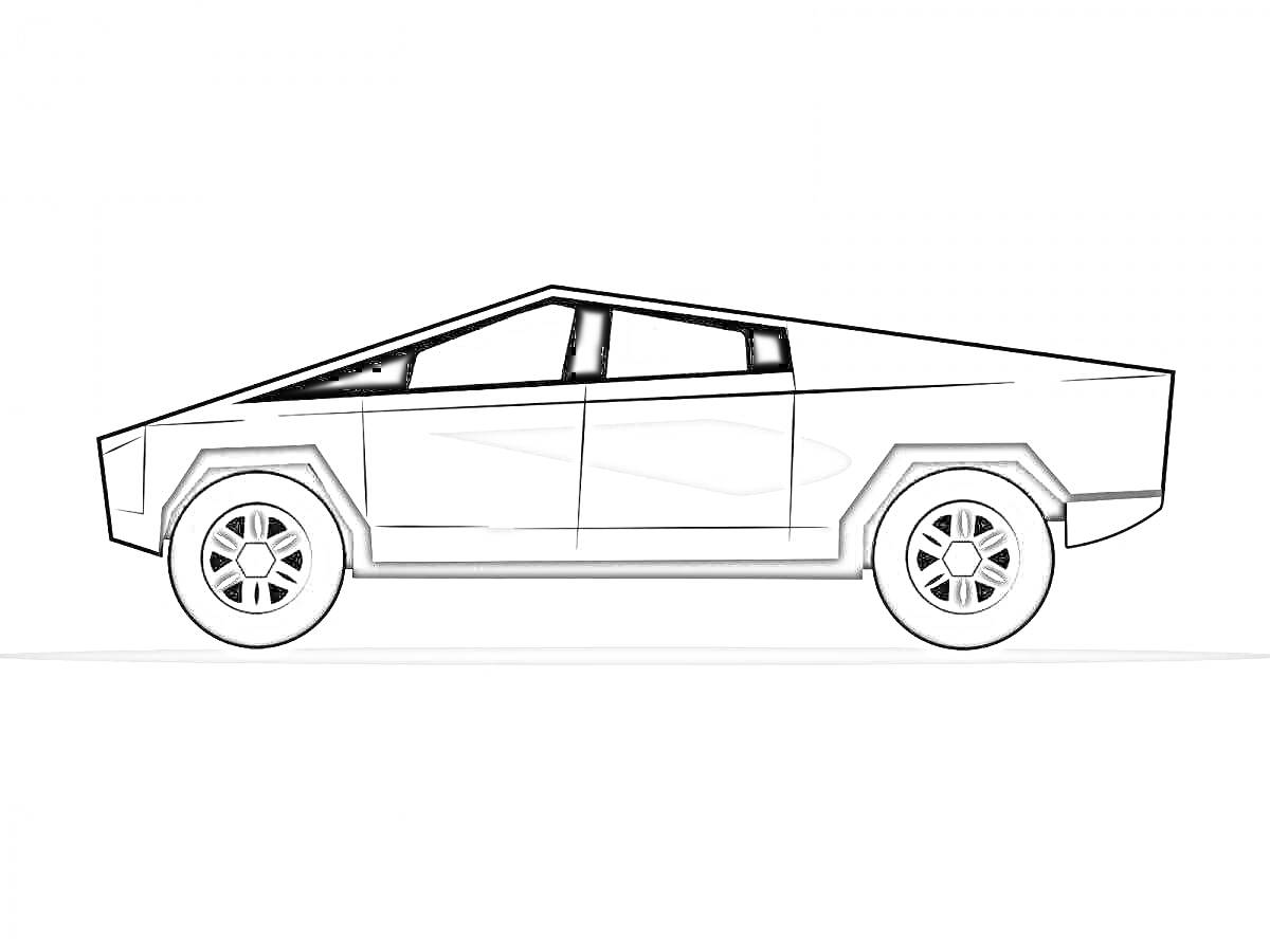Тесла Кибертрак в профиль с черными окнами и черными колесами
