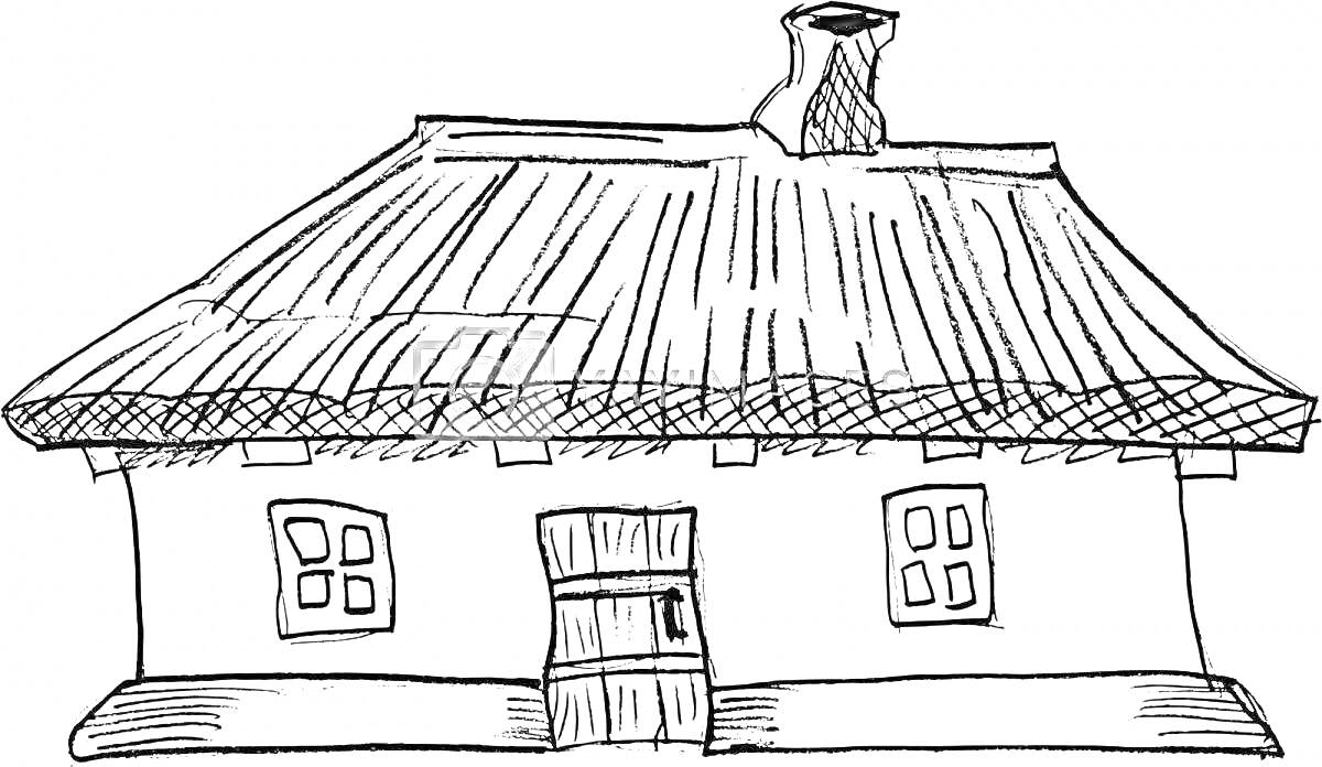 На раскраске изображено: Традиционное жилище, Соломенная крыша, Окна, Дверь, Дом, Этнический стиль