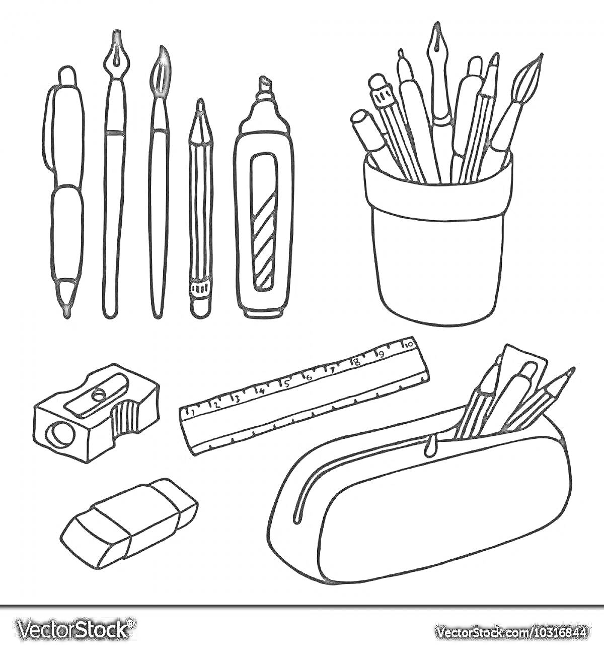 Раскраска Карандаши, кисти, линейка, точилка, ластик, пенал, маркер, стакан с канцелярскими принадлежностями