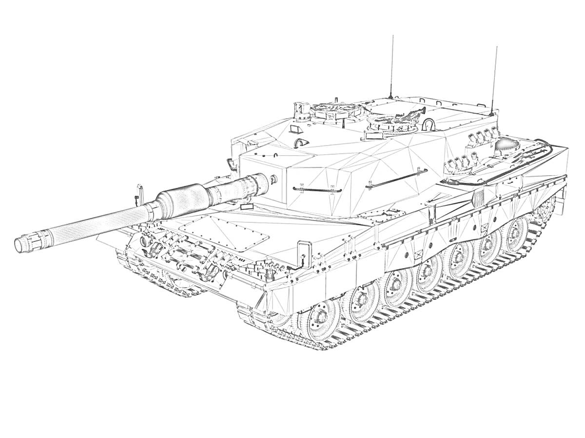 На раскраске изображено: Военная техника, Бронетехника, Гусеницы, Вооружение, Антенны, Длинное орудие