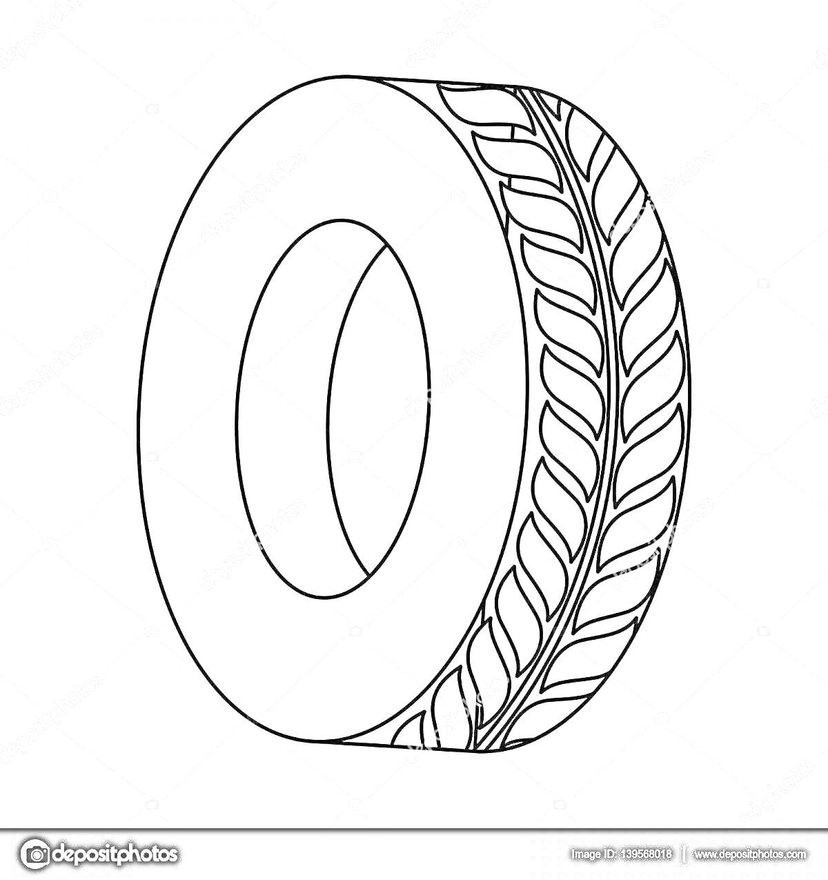 Раскраска Черно-белое изображение колеса с детализированным рисунком протектора.