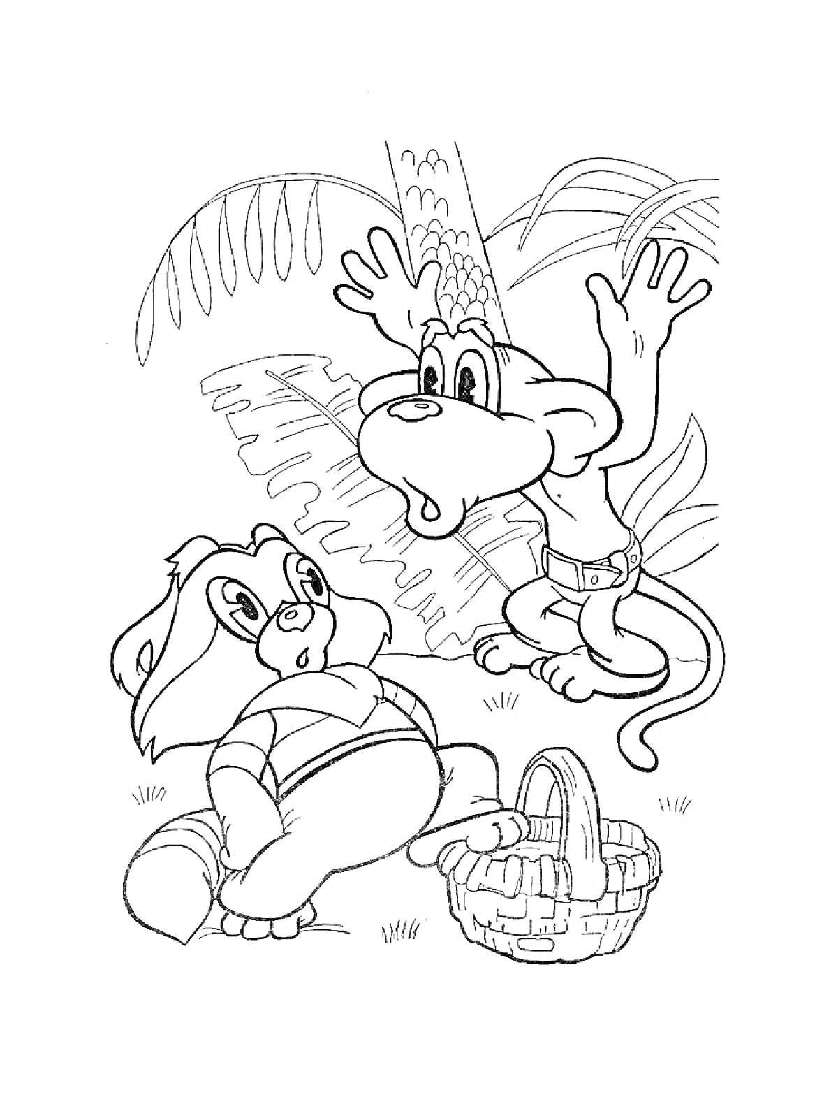 Раскраска Енот и обезьяна с корзинкой в джунглях
