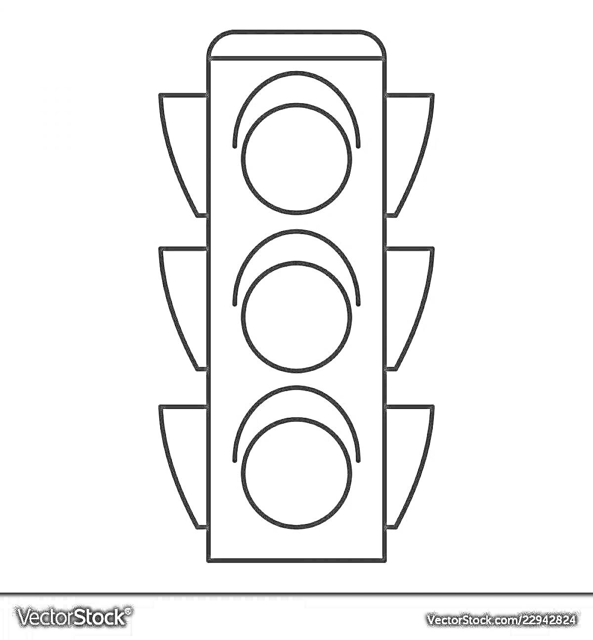 Раскраска со светофором с тремя круглыми сигналами и боковыми щитками