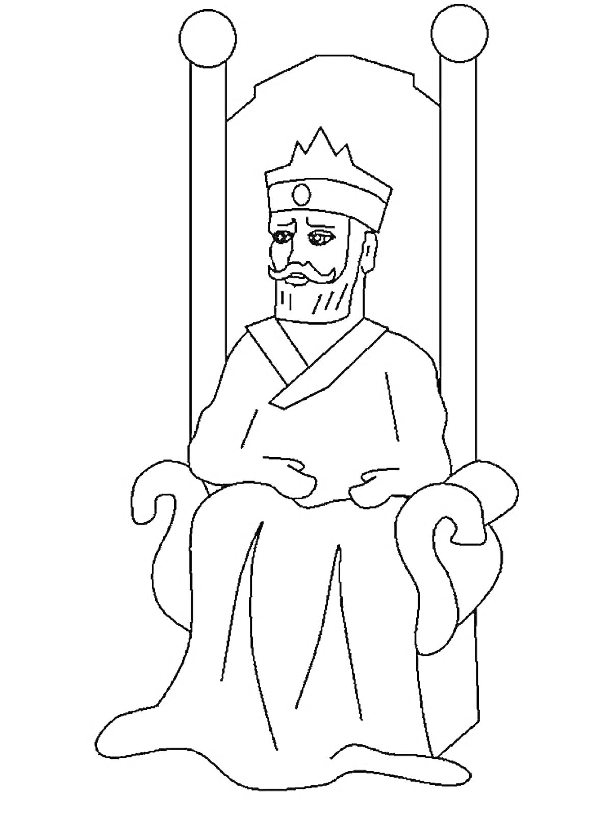 На раскраске изображено: Царь, Трон, Корона, Плащ, Монарх, Средневековье, Власть, Скипетр, Мужская фигура