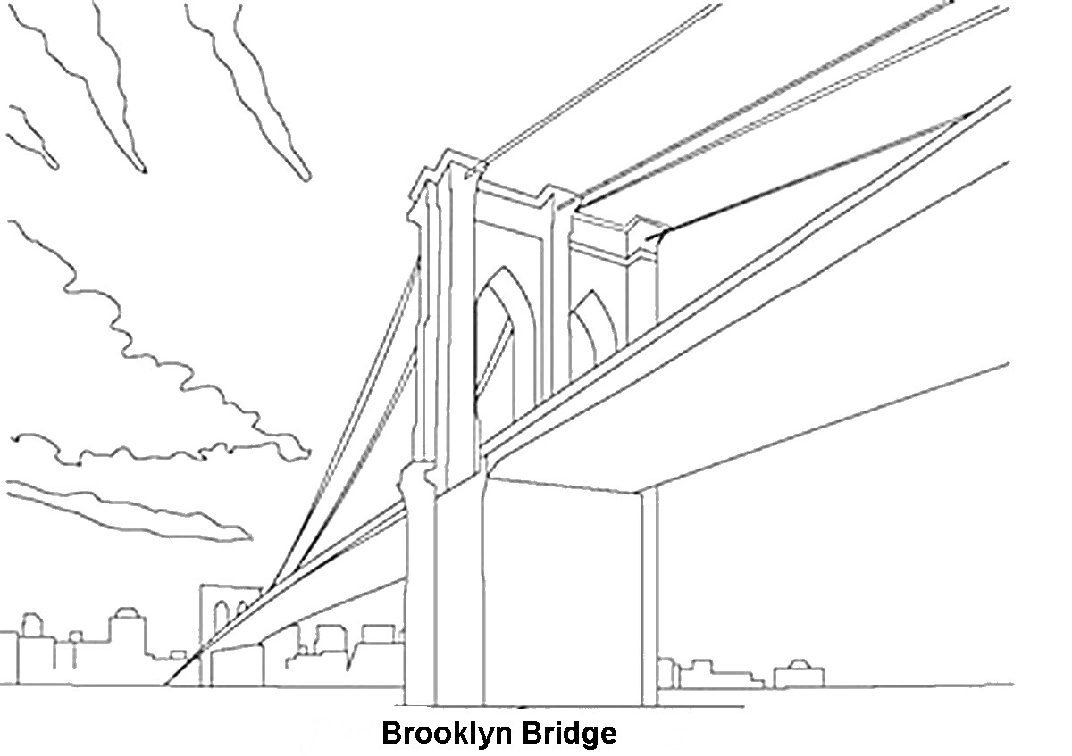 Раскраска Бруклинский мост, облака, небо, здания