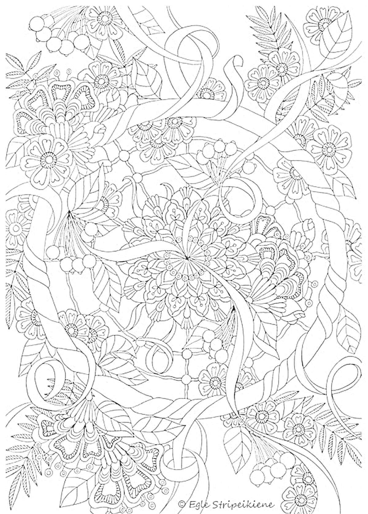 Раскраска Сложный цветочный узор с лентами и завитками