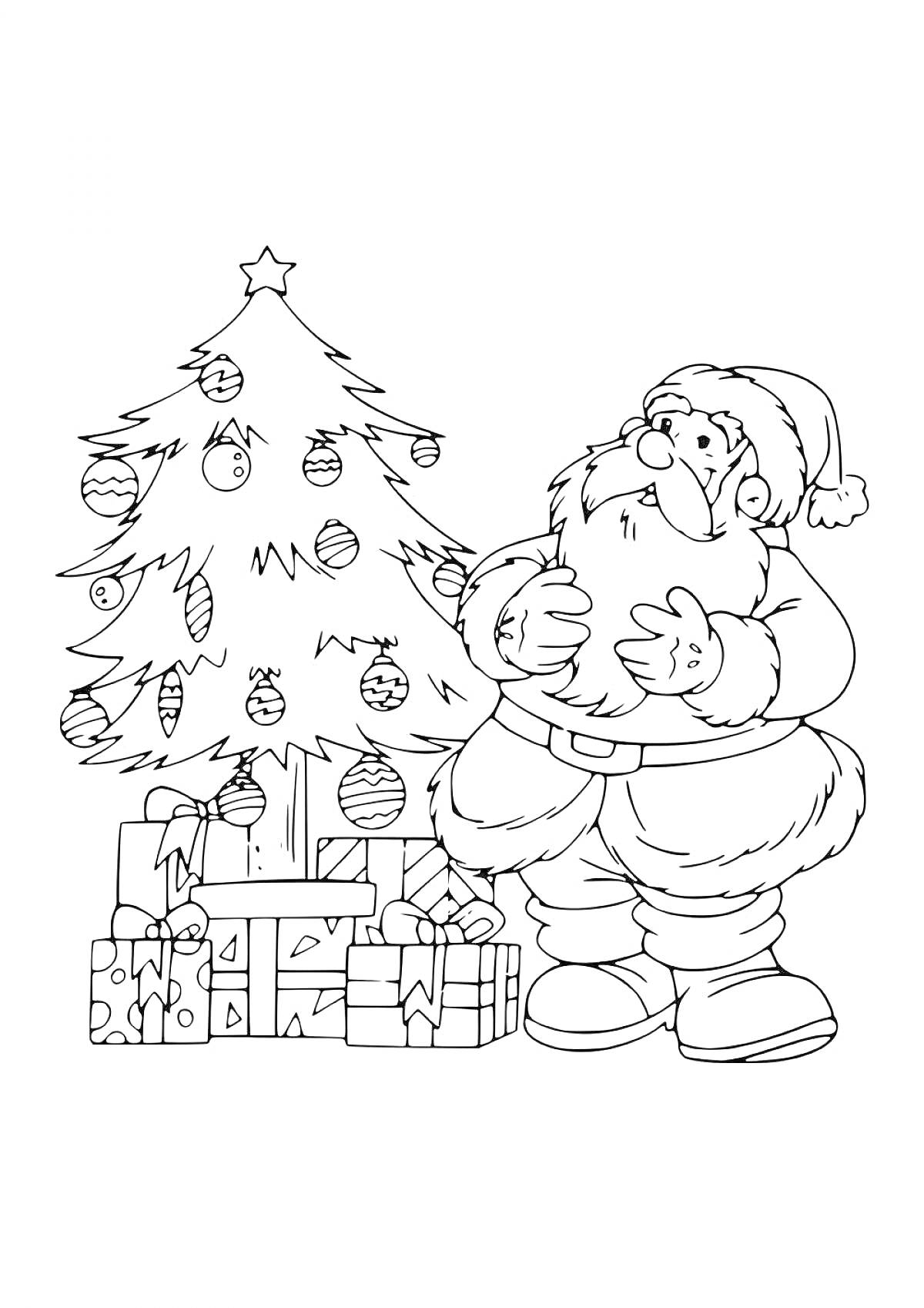 На раскраске изображено: Дед Мороз, Украшения, Новогодние шары, Подарки, Новый год, Праздники, Зимние праздники, Рождество