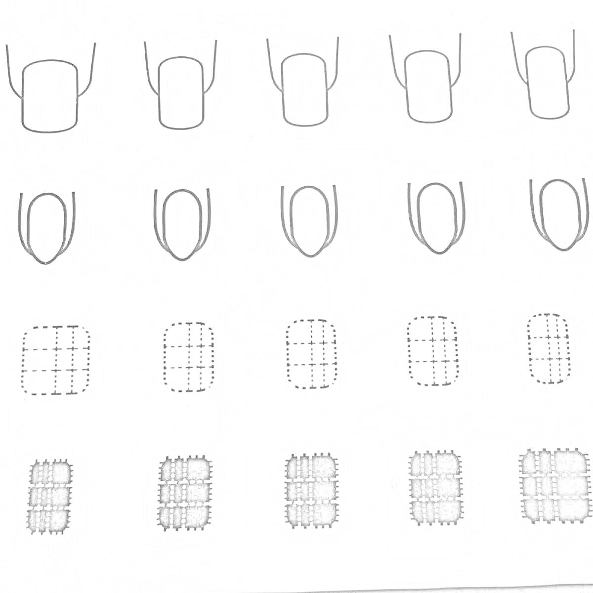 Раскраска Бумажные ногти с различными узорами и контурами, 5 наборов, каждый из которых представлен на четырех этапах