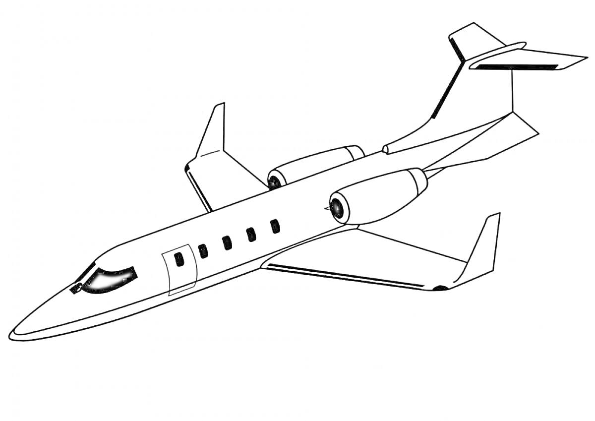 Реактивный самолет в полете с тремя иллюминаторами, двумя двигателями сзади и характерным хвостовым оперением