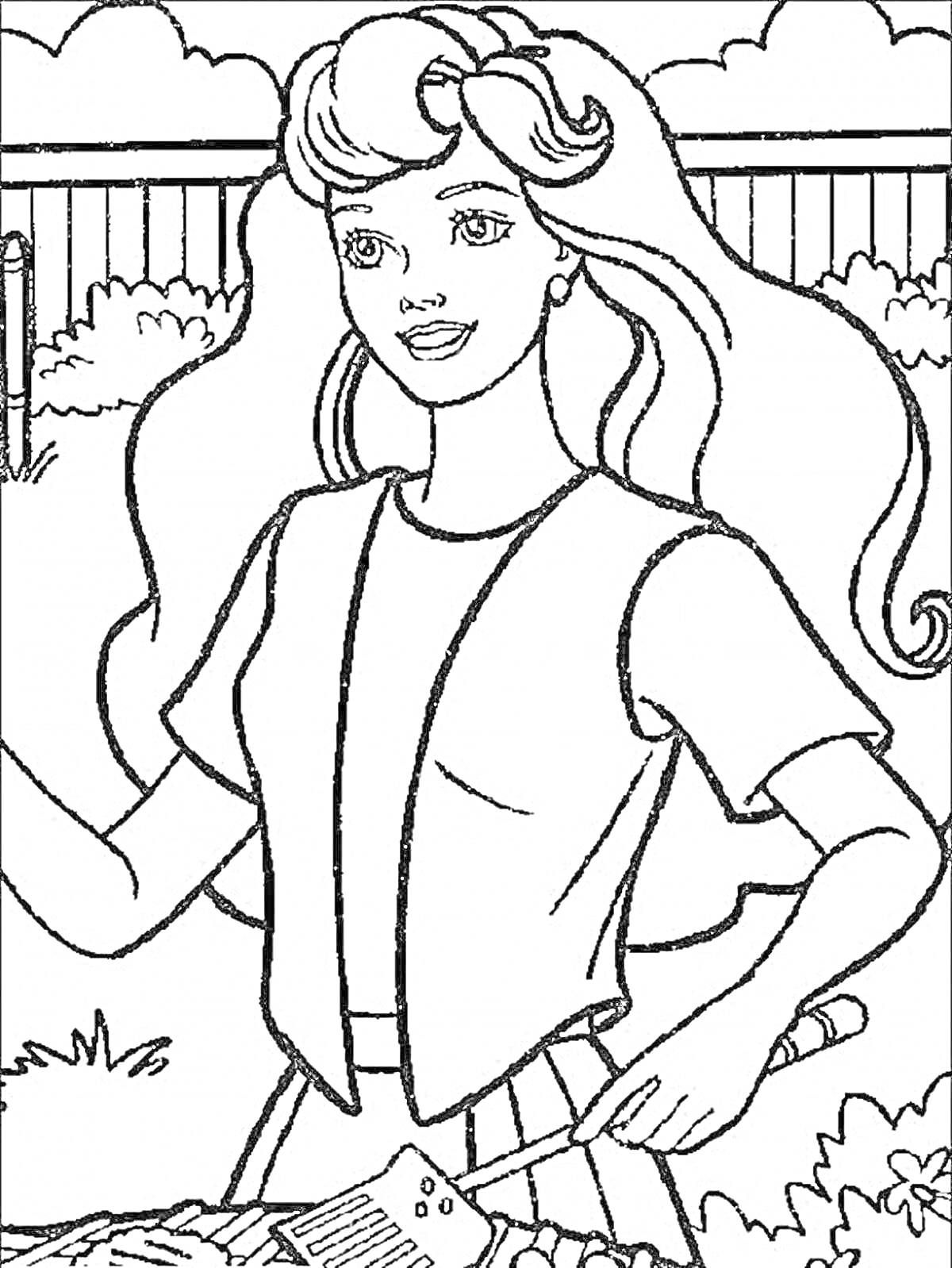 Раскраска Барби за приготовлением еды на гриле в саду (Барби с длинными волосами, в жилетке и футболке, с лопаткой для гриля на фоне забора и кустарников).