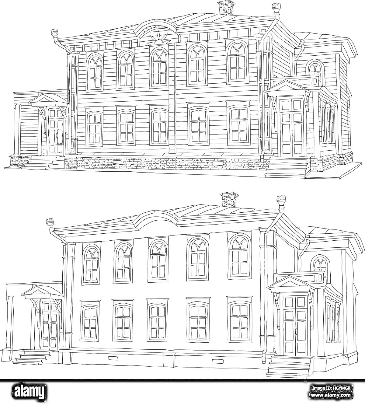 Раскраска Здание-музей, вид спереди и сзади, двухэтажное, деревянное, с арочными окнам и несколькими входами