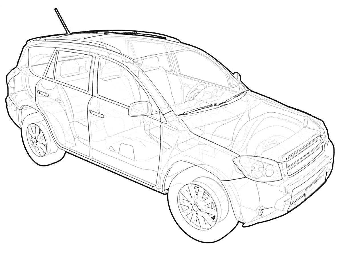 Раскраска Раскраска Тойота РАВ 4, вид сбоку с открытыми дверями и видимыми сиденьями