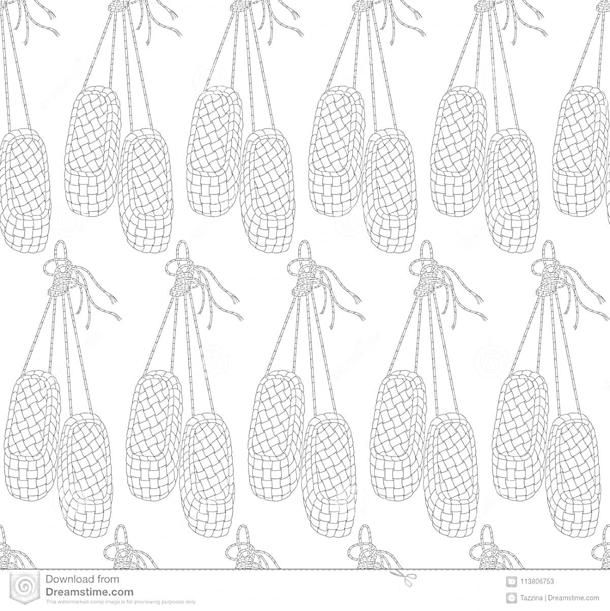 На раскраске изображено: Лапти, Плетение, Традиционная обувь, Узоры, Контурные рисунки