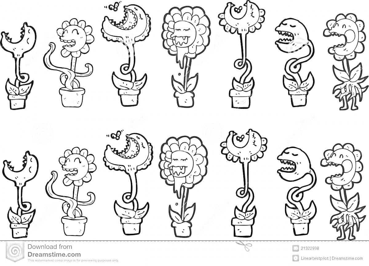 Раскраска Разные типы хищных растений в горшках с зубастыми цветами и листьями