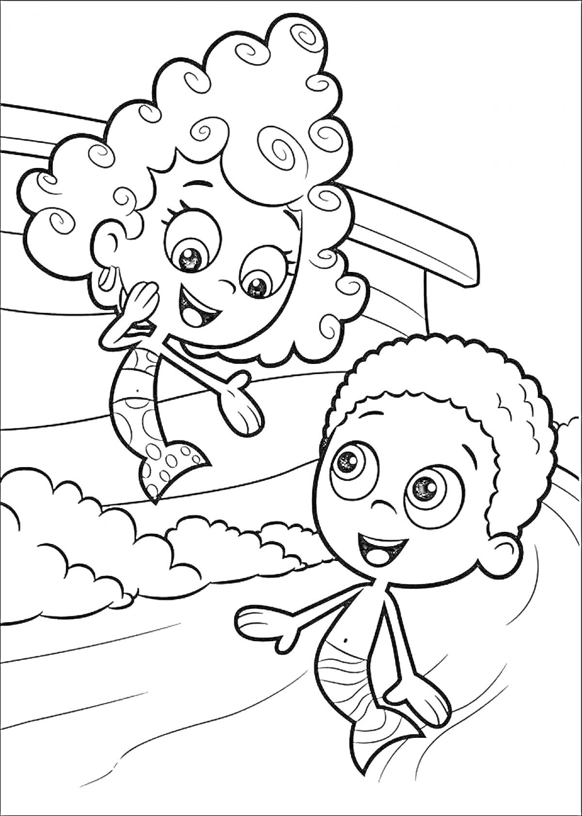Раскраска Подружка-гуппи и гуппи-мальчик в бассейне с пузырьками