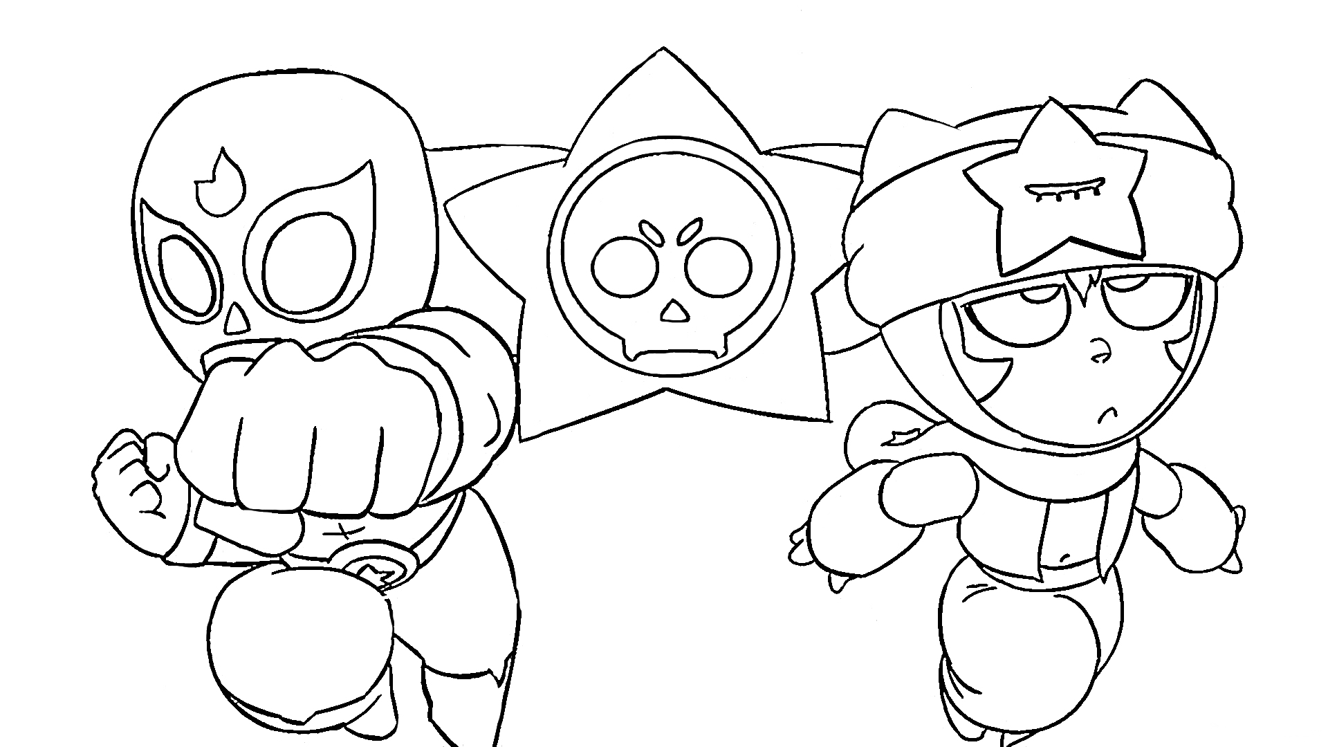 Раскраска Двое персонажей в маскарадных костюмах с символом черепа в звезде на заднем плане