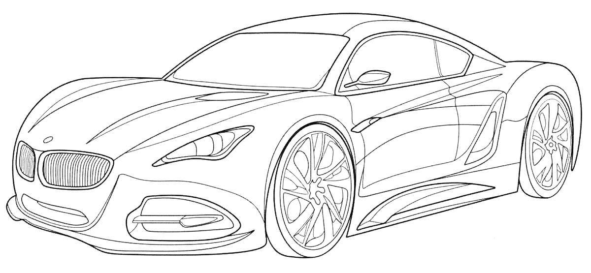На раскраске изображено: Спорткар, Кузов, Колёса, Окна, Фары, Передняя панель, Боковая панель, Бмв