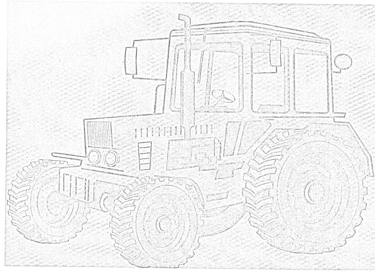 На раскраске изображено: Трактор, Сельское хозяйство, Большие колеса, Техника, Кабина водителя