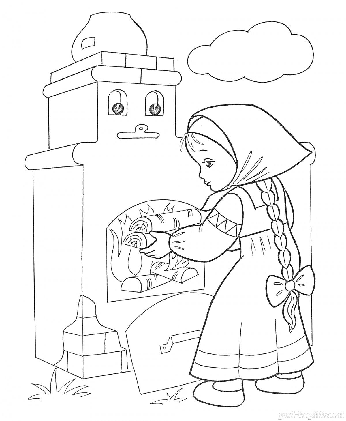 Раскраска Девочка у печки, сказка Гуси-лебеди