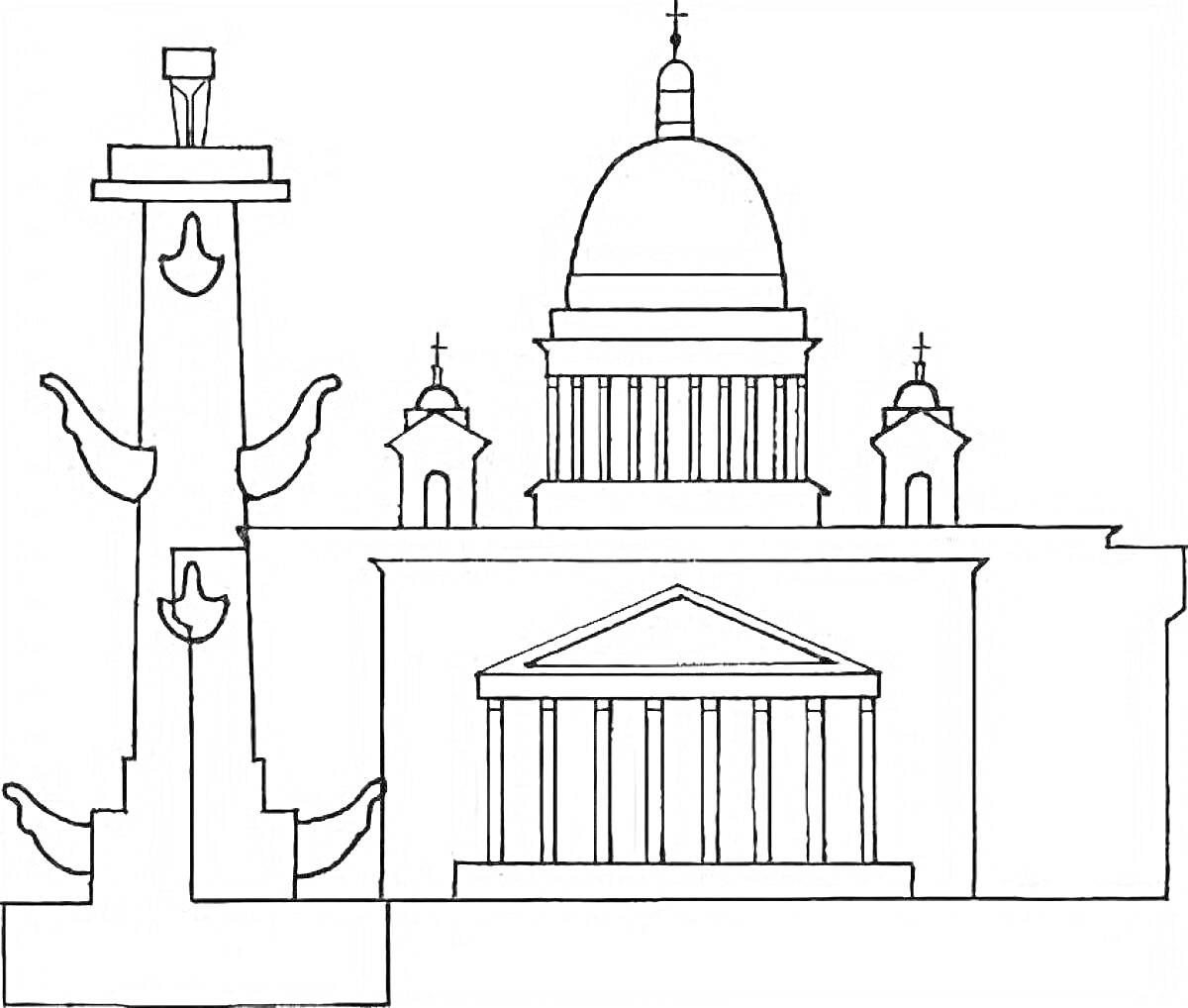 Раскраска Ростральная колонна, Исаакиевский собор и здание с колоннадой