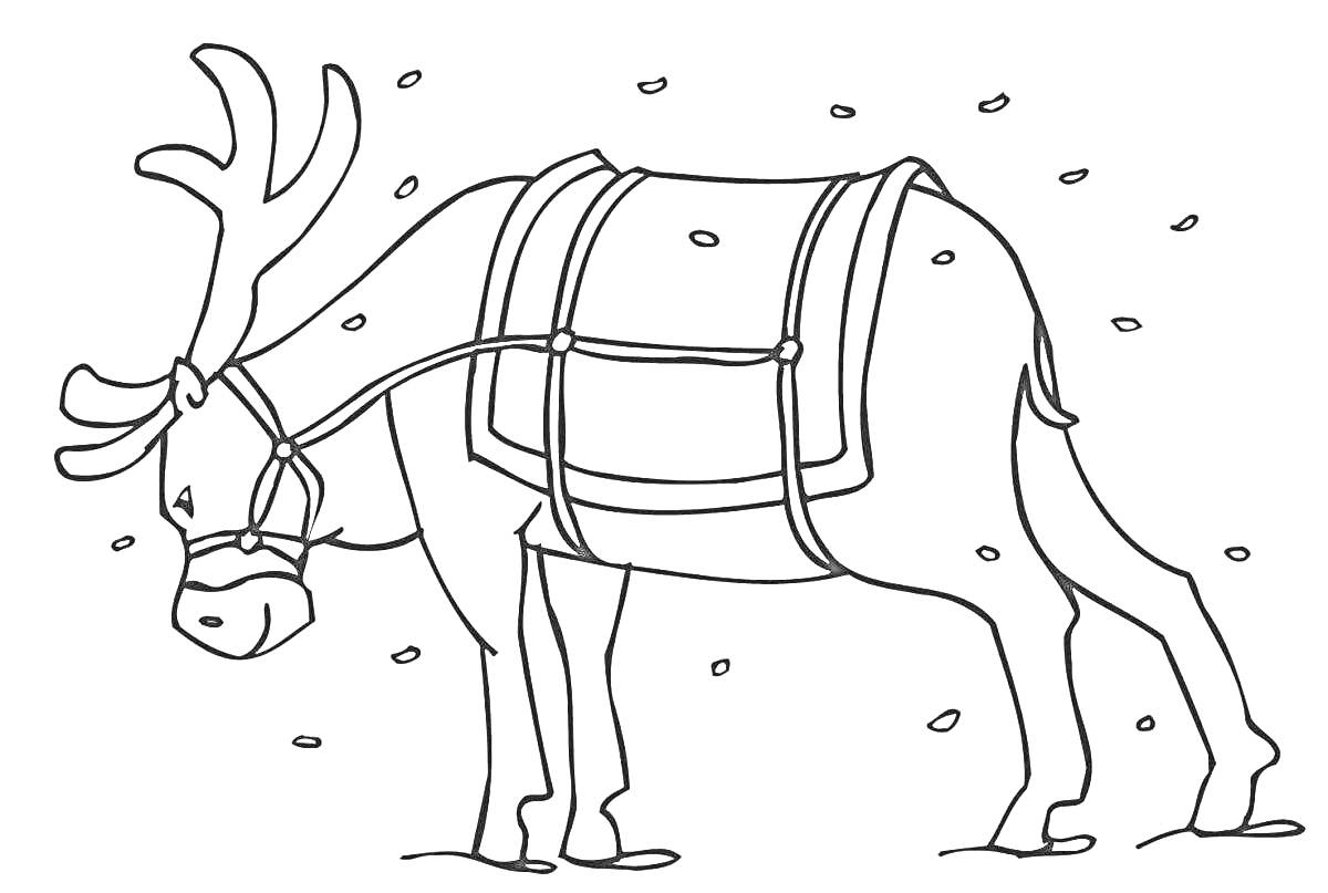 На раскраске изображено: Северный олень, Упряжка, Снежинки, Зима, Для детей, Контурное изображение, Животные