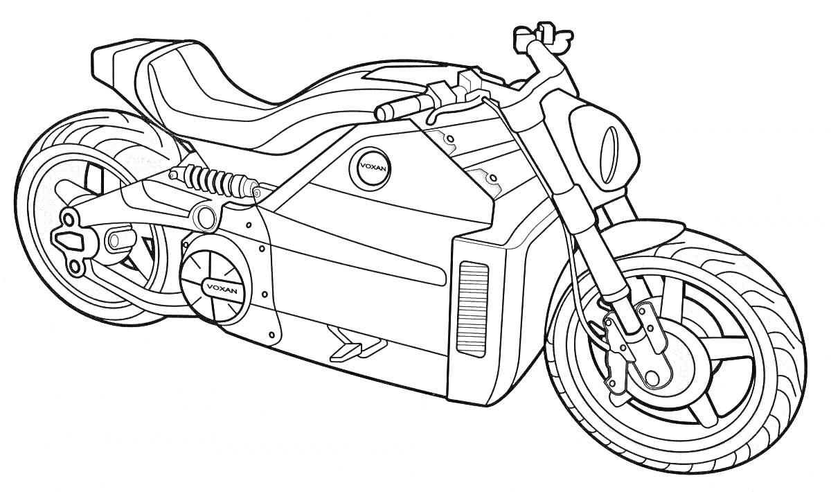 Раскраска Мотоцикл с деталями корпуса, руля, колеса и сиденья