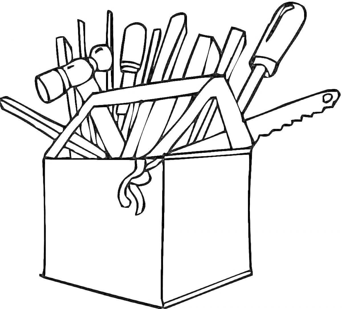 На раскраске изображено: Молоток, Гаечный ключ, Отвертка, Ножовка, Рубанок, Набор инструментов