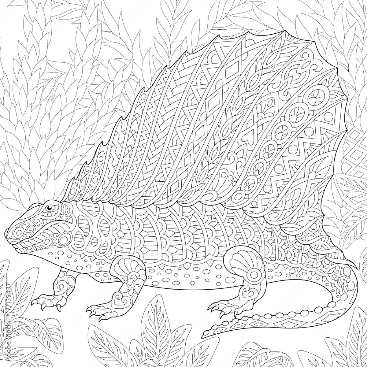 Раскраска антистресс раскраска с крокодилом среди листьев, сложные узоры по всему телу крокодила и фон из листьев