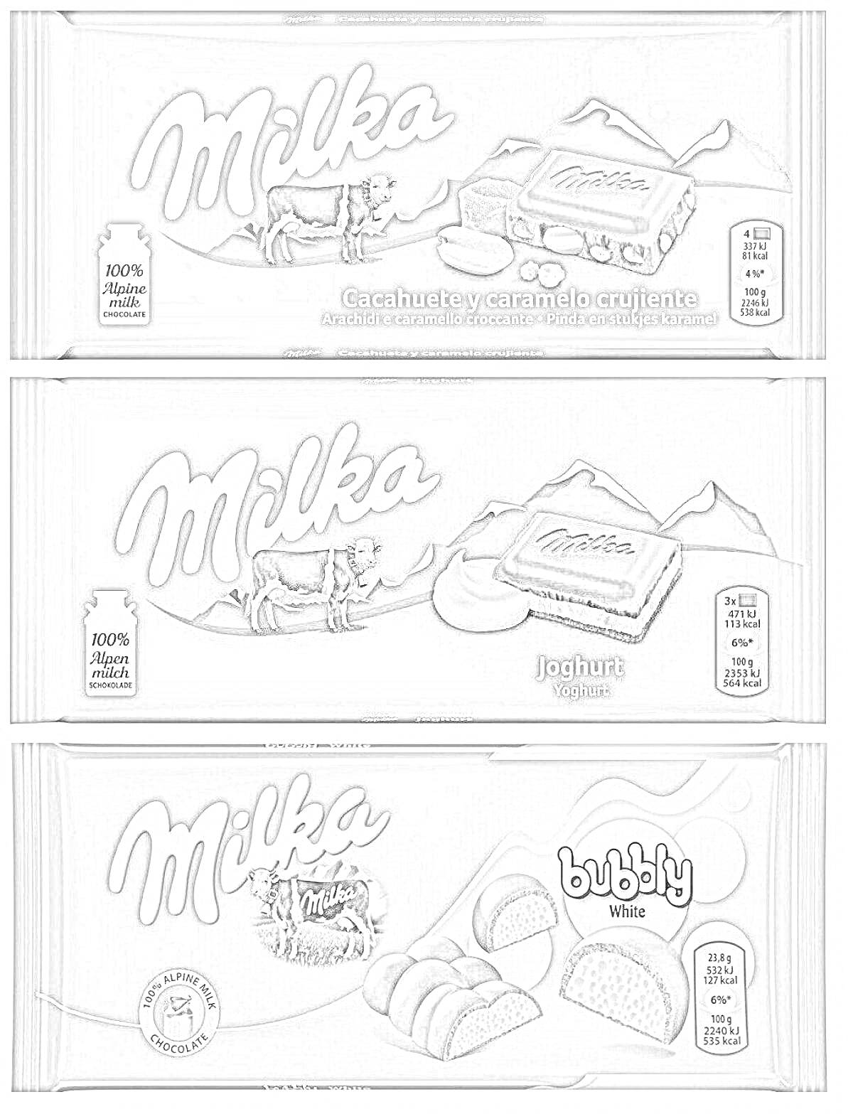 Раскраска Milka с арахисом и хрустящей карамелью, Milka с йогуртовой начинкой, Milka Bubbly White