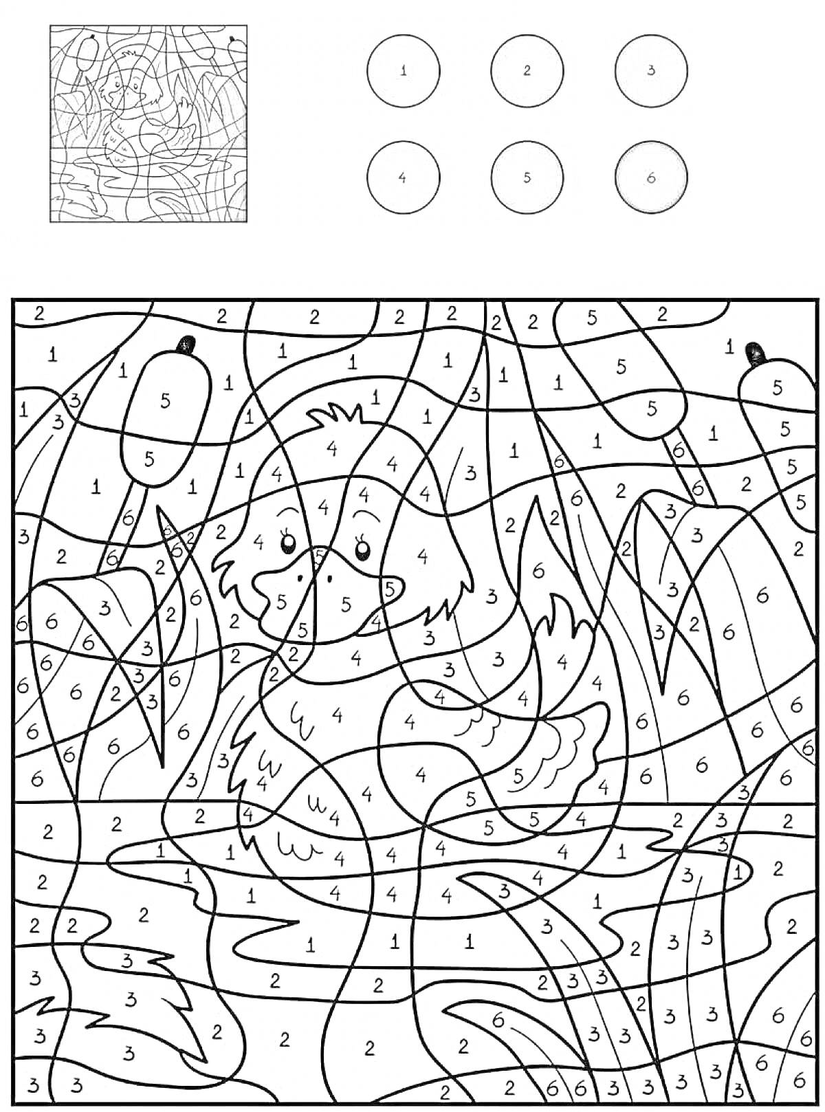 Раскраска Раскраска по номерам с уткой и озером с камышами