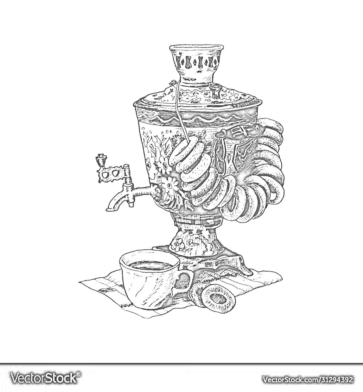 На раскраске изображено: Самовар, Баранки, Чашка чая, Бублики, Масленица, Традиции, Чай